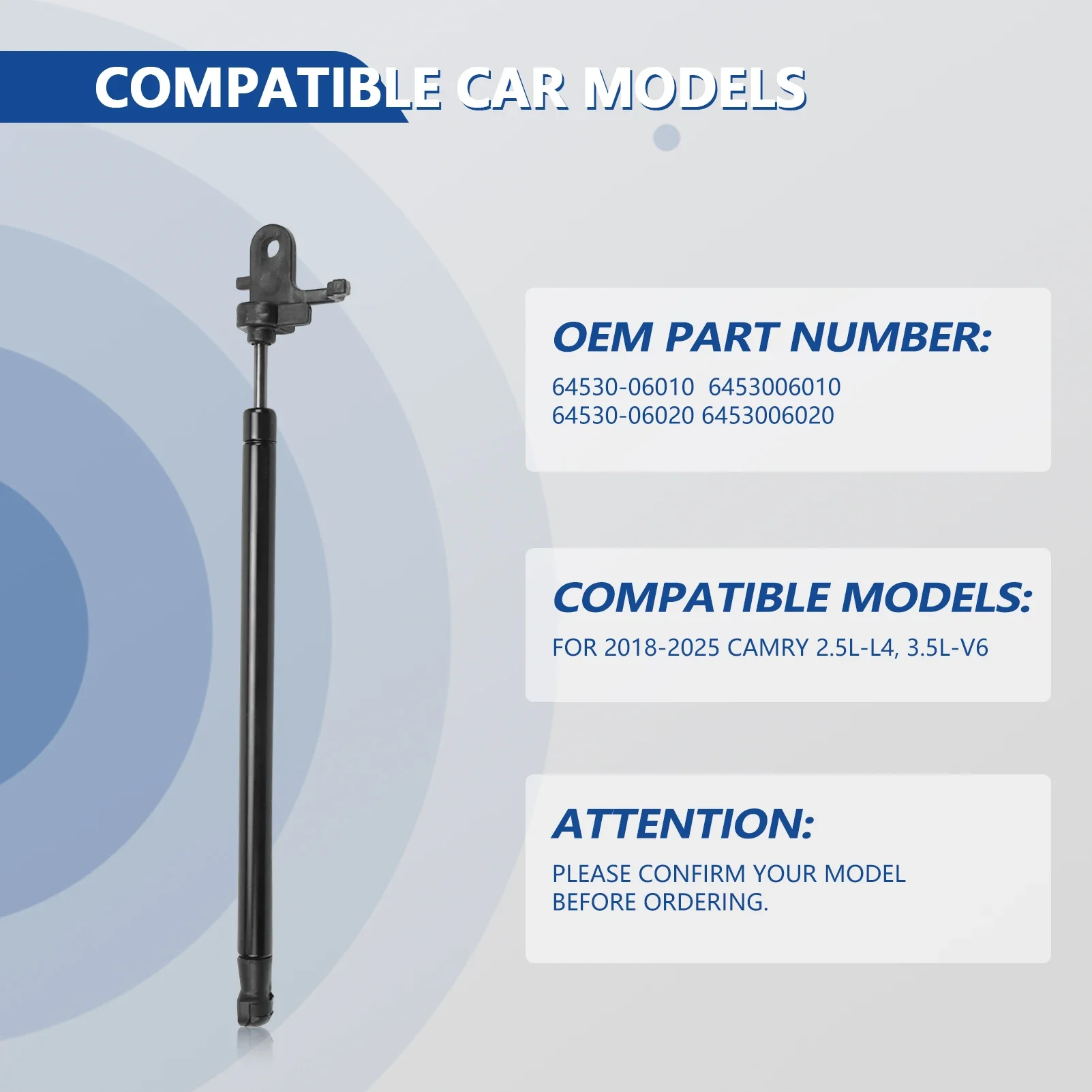 6453006010 Rear Right Trunk Deck Lid Support Lift Strut for Toyota Camry 2.5L 3.5L 2018-2025 64530-06010 64530-06020 6453006020
6453006010 Rear Right Trunk Deck Lid Support Lift Strut for Toyota Camry 2.5L 3.5L 2018-2025 64530-06010 64530-06020 6453006020