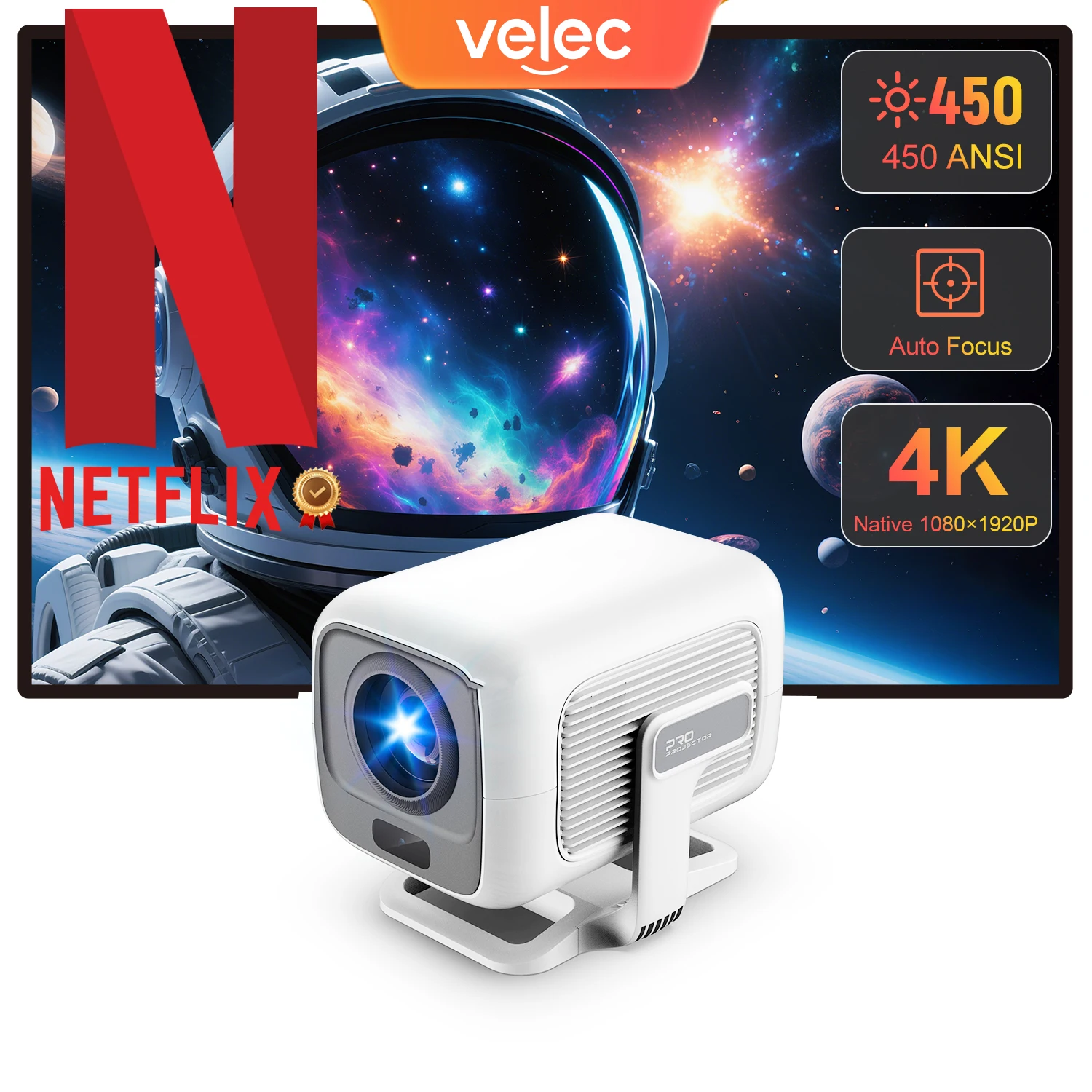 Velec 4K Mini Projector Netflix Certification 450ANSI 1080P Android 11 Auto Focus Smart Home Theater Portable Outdoor Projector
Velec 4K Mini Projector Netflix Certification 450ANSI 1080P Android 11 Auto Focus Smart Home Theater Portable Outdoor Projector
