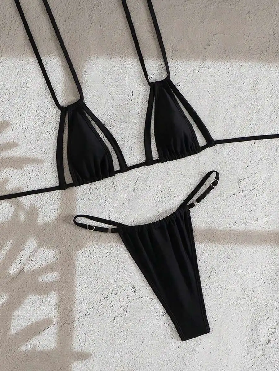 Black Solid Color Triangle Bikini Set With T-Shape Straps
Black Solid Color Triangle Bikini Set With T-Shape Straps