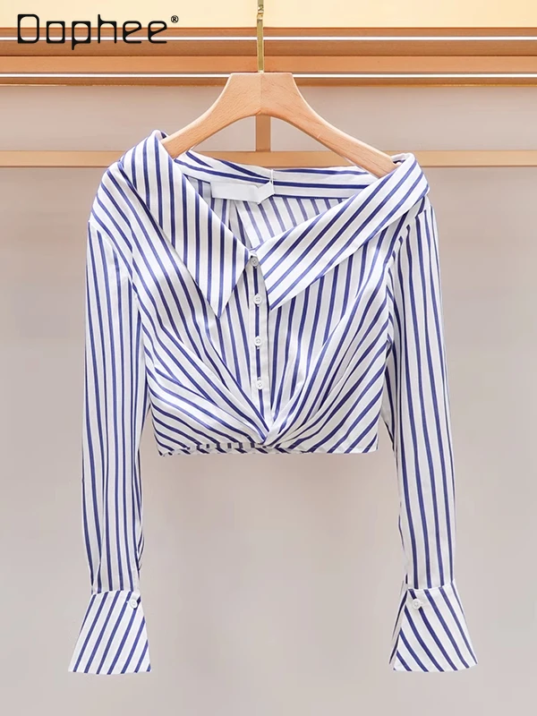 Spring New Women's Clothing French Off-the-shoulder Striped Shirt Personalized Fashion Irregular Single-breasted Short Shirts
Spring New Women's Clothing French Off-the-shoulder Striped Shirt Personalized Fashion Irregular Single-breasted Short Shirts