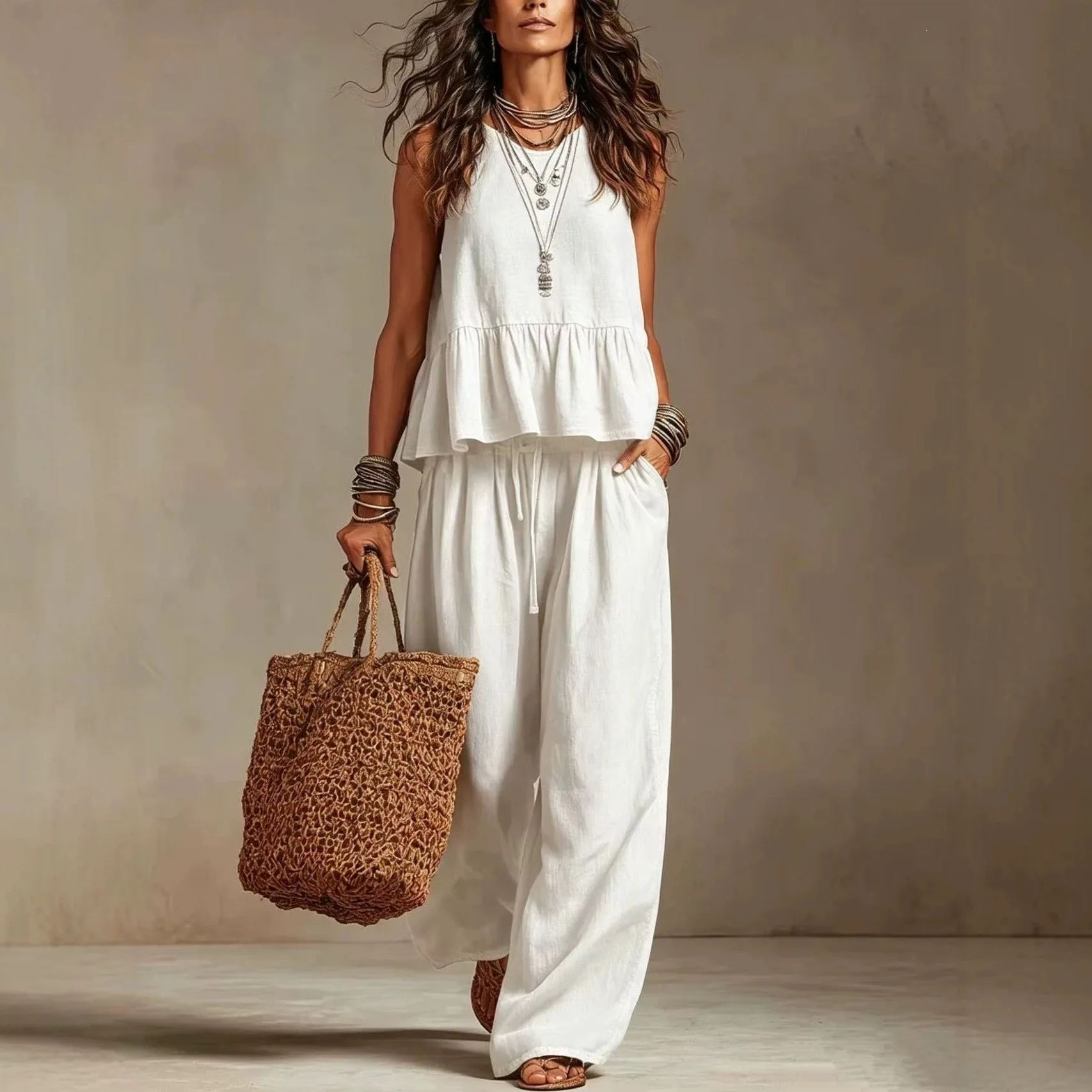 2026 New Summer Women's Clothing Simple Casual Cotton Linen Ruffled Sleeveless Wide-Leg Suit Костюм Женский
2026 New Summer Women's Clothing Simple Casual Cotton Linen Ruffled Sleeveless Wide-Leg Suit Костюм Женский