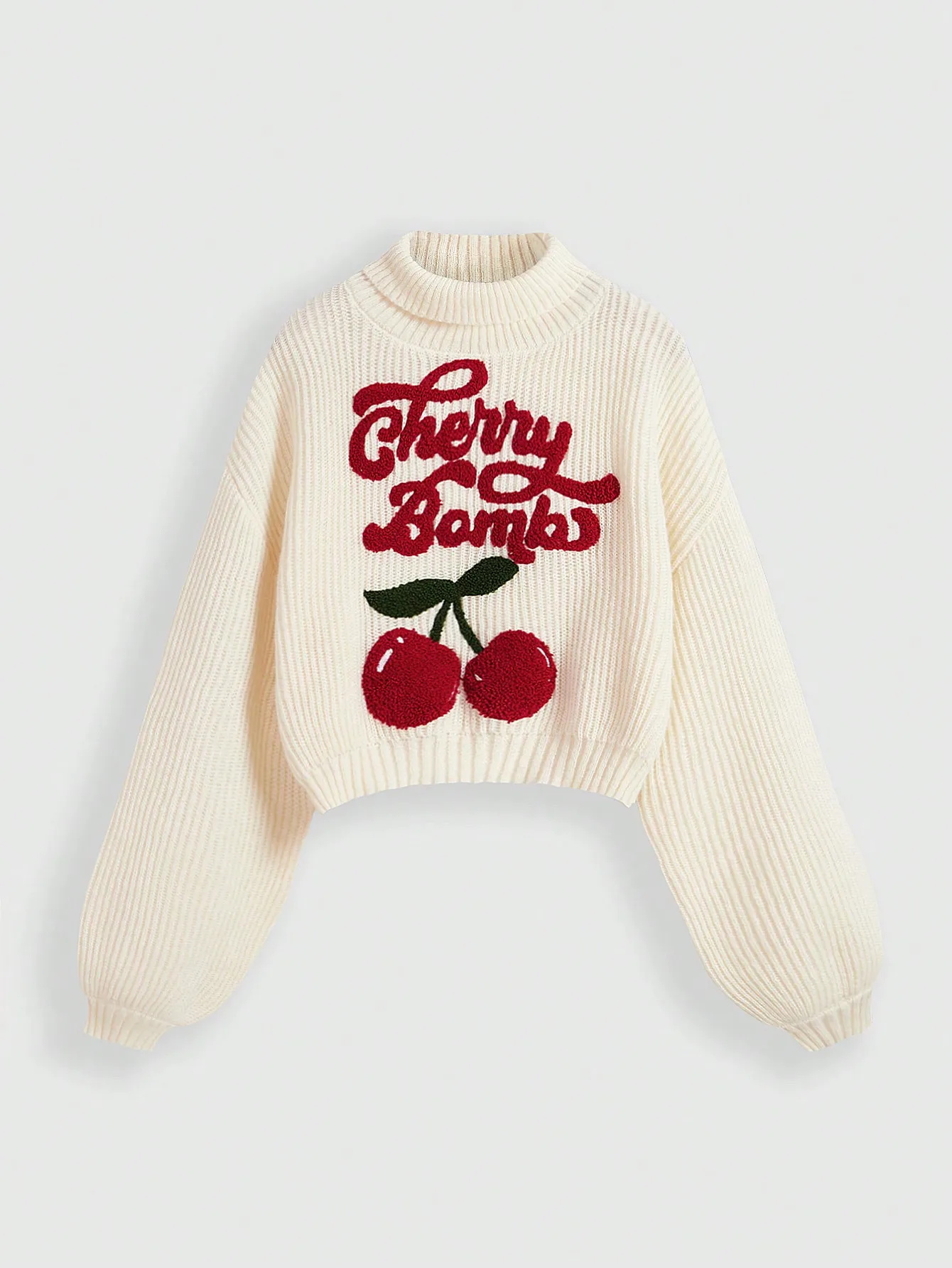 Cherry Bomb Embroidered Turtleneck Lantern Sleeve Crop Sweater for Women, Cute Fairycore Style
Cherry Bomb Embroidered Turtleneck Lantern Sleeve Crop Sweater for Women, Cute Fairycore Style