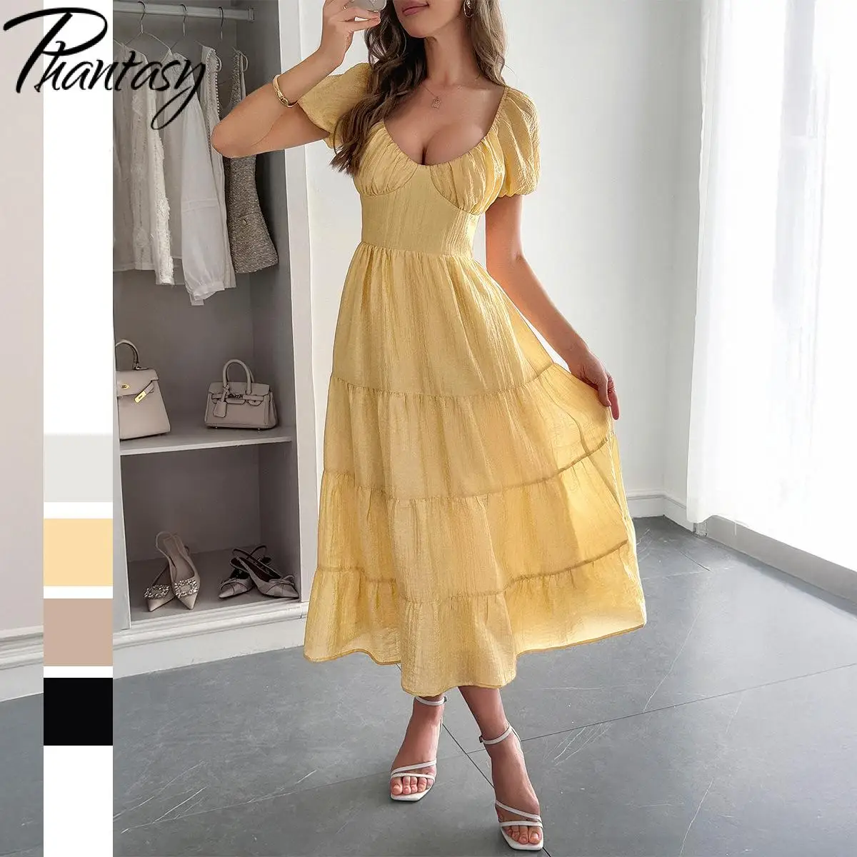 Phantasy French Style White Puff Sleeved Long Dress Women Sexy Backless Dress Summer Vacation Yellow Lace up A-Line Long Gown
Phantasy French Style White Puff Sleeved Long Dress Women Sexy Backless Dress Summer Vacation Yellow Lace up A-Line Long Gown