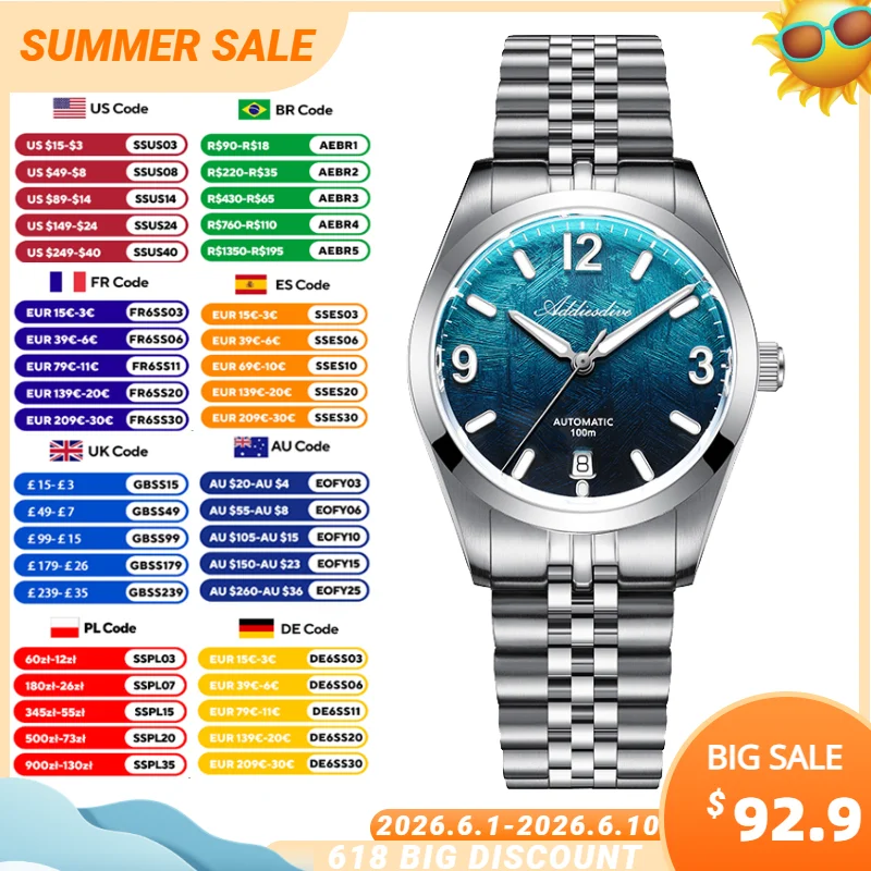 ADDIESDIVE New Automatic Mechanical Watches Men's Sapphire Crystal Waterproof Watch AD2547 BGW9 Luminous 316L Steel Wristwatch
ADDIESDIVE New Automatic Mechanical Watches Men's Sapphire Crystal Waterproof Watch AD2547 BGW9 Luminous 316L Steel Wristwatch