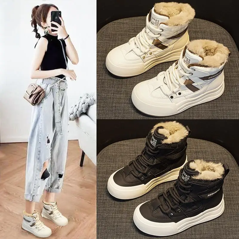 Warm Thick Velvet High Top Women's Shoes Leather Booties Korean Style Fashionable Winter Snow Boots Flat Heel Rubber Sole
Warm Thick Velvet High Top Women's Shoes Leather Booties Korean Style Fashionable Winter Snow Boots Flat Heel Rubber Sole