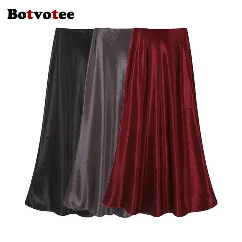 Botvotee Trumpet Satin Burgundy Skirts for Women Loose High Waisted Elegant Long Black Skirt Causal Office Midi Gray Long Skort
