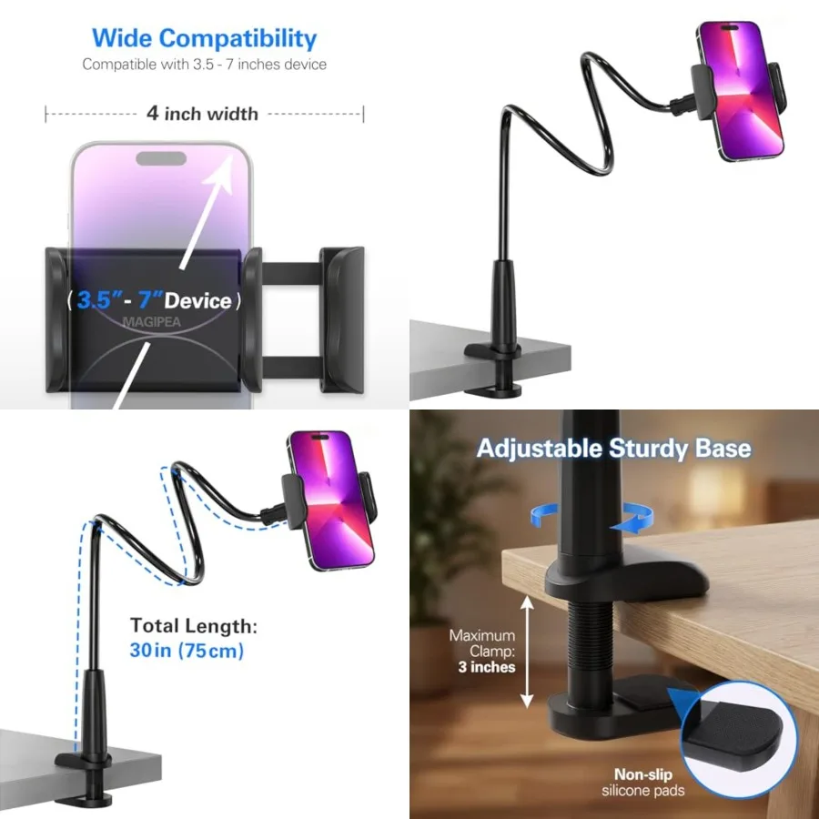 Phone Holder for Bed, Gooseneck Phone Holder for Desk, Cell Phone Mount with Flexible Long Arm, Compatible with iPhone 17/16 Pr
Phone Holder for Bed, Gooseneck Phone Holder for Desk, Cell Phone Mount with Flexible Long Arm, Compatible with iPhone 17/16 Pr