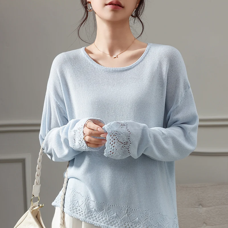 Fashionable loose round neck linen knitted top women's thin sunscreen shirt casual basic summer long sleeved pullover
Fashionable loose round neck linen knitted top women's thin sunscreen shirt casual basic summer long sleeved pullover