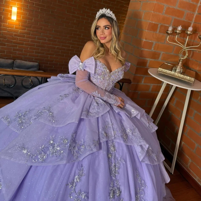 Shiny Lavender Quinceanera Dress off-shoulder Lace Layering Glitter Decal Long tail Bow vestidos de 15 Quinceanera Customize
Shiny Lavender Quinceanera Dress off-shoulder Lace Layering Glitter Decal Long tail Bow vestidos de 15 Quinceanera Customize