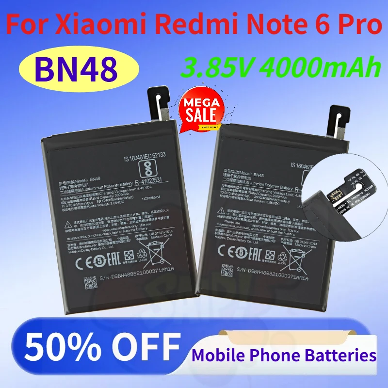 New BN48 4000mAh 3.85V Mobile Phone Battery for Xiaomi Redmi Note 6 Pro M1806E7TG M1806E7TH M1806E7TI Replacement Batteries
New BN48 4000mAh 3.85V Mobile Phone Battery for Xiaomi Redmi Note 6 Pro M1806E7TG M1806E7TH M1806E7TI Replacement Batteries