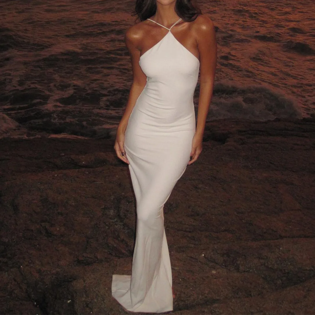 Sexy backless neck white thin dress fashionable simple versatile temperament elegant holiday style high-end dress
Sexy backless neck white thin dress fashionable simple versatile temperament elegant holiday style high-end dress