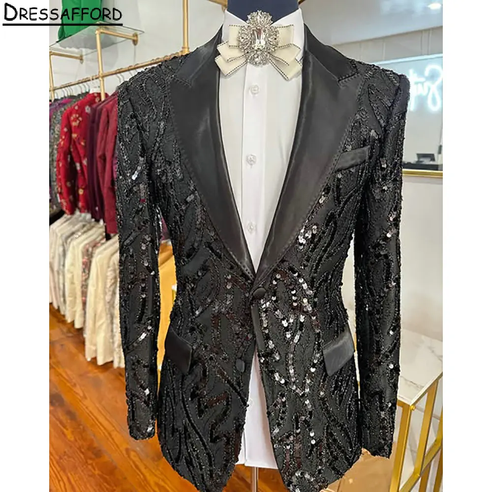 Black Sequined Beading Men Suits For Wedding Groom Tuxedos 2 Pieces Jacket Pants Prom Blazers Customized
Black Sequined Beading Men Suits For Wedding Groom Tuxedos 2 Pieces Jacket Pants Prom Blazers Customized