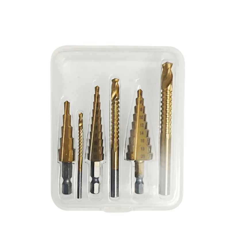 Serrated Step Pagoda Drill Bits Set, Titanium Coated Straight Flute Hex Shank Hole Drilling Bits with Cloth Storage Bag
Serrated Step Pagoda Drill Bits Set, Titanium Coated Straight Flute Hex Shank Hole Drilling Bits with Cloth Storage Bag