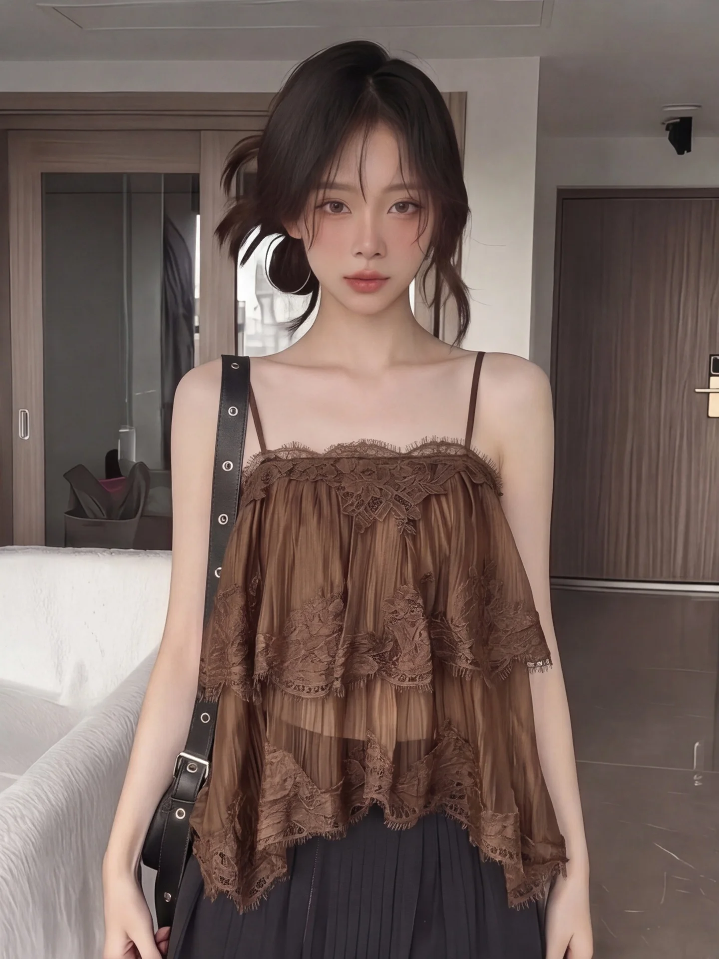 Coffe Brown Heavy Work Multi Layer Lace Splicing Strap Vest Women Summer New Style Layering Asymmetrical Shoulder Baring Top
Coffe Brown Heavy Work Multi Layer Lace Splicing Strap Vest Women Summer New Style Layering Asymmetrical Shoulder Baring Top