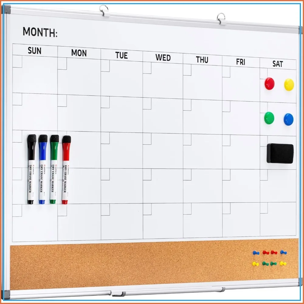 36x24 Inch Dry Erase Calendar Corkboard Combo, Monthly Planner & Bulletin Board for Wall, Aluminum Frame with Markers, Magnets, Push Pins
36x24 Inch Dry Erase Calendar Corkboard Combo, Monthly Planner & Bulletin Board for Wall, Aluminum Frame with Markers, Magnets, Push Pins