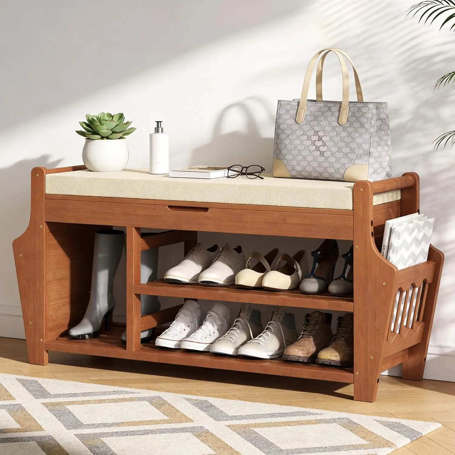 39 4in Shoe Bench with 2 Side Holder 3 Tier Bamboo Entryway Bench with Storage Shoe Rack Bench Organizer with Cushion
39 4in Shoe Bench with 2 Side Holder 3 Tier Bamboo Entryway Bench with Storage Shoe Rack Bench Organizer with Cushion