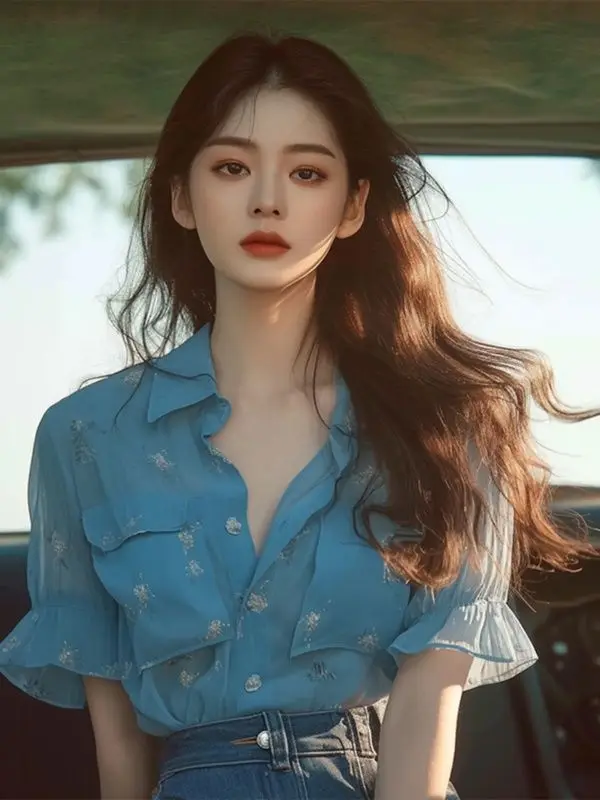 Летняя стильная уникальная и специальная синяя шифоновая рубашка с короткими рукавами и рюшами для женщин
Летняя стильная уникальная и специальная синяя шифоновая рубашка с короткими рукавами и рюшами для женщин