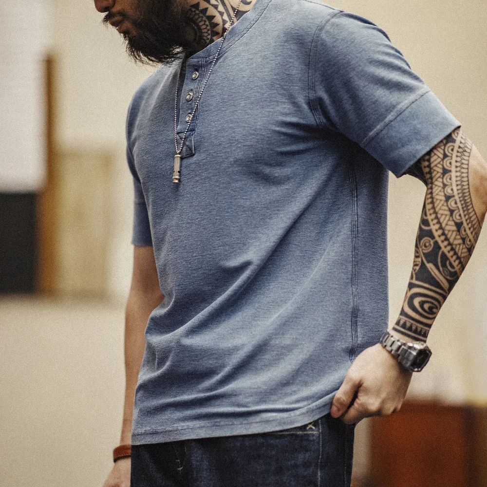 Vintage Knitted Distressed Denim Henry Shirt Tough Guy Must-have Short-sleeved T-shirt for Men's Tee And Summer Tops
Vintage Knitted Distressed Denim Henry Shirt Tough Guy Must-have Short-sleeved T-shirt for Men's Tee And Summer Tops
