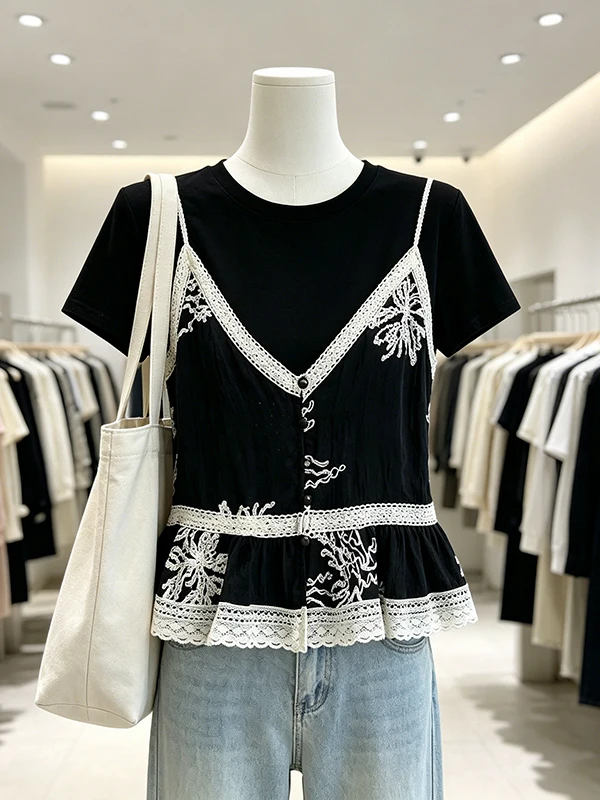 Lace Trim Halter Neck Short Sleeve T-Shirt Women's Summer New Style plus Size Fake Two-Piece Top Breathable Skin-Friendly
Lace Trim Halter Neck Short Sleeve T-Shirt Women's Summer New Style plus Size Fake Two-Piece Top Breathable Skin-Friendly
