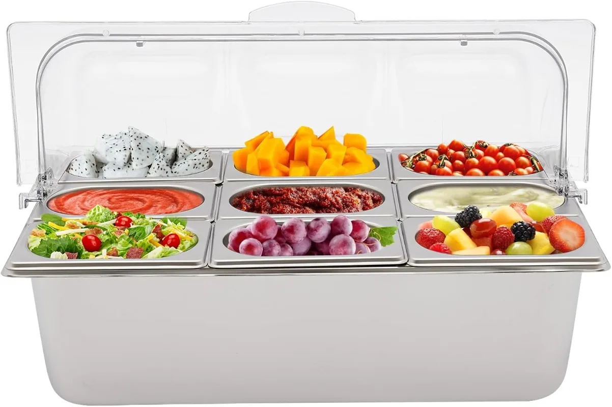 Countertop Ice Food Serving Display Container, 9 Compartments Condiment Dispenser with Lid, Pans,9 Clamps, 9Spoons and Ice Packs
Countertop Ice Food Serving Display Container, 9 Compartments Condiment Dispenser with Lid, Pans,9 Clamps, 9Spoons and Ice Packs