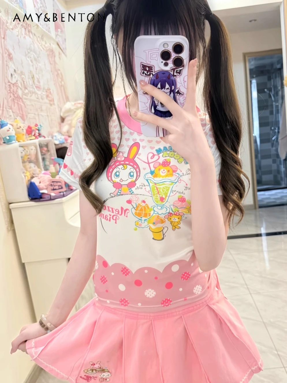 Subculture Kawaii Girl Japanese Cute Cartoon Print Short-sleeved T-shirt Summer New Sweet and Cute Color Matching Short Top
Subculture Kawaii Girl Japanese Cute Cartoon Print Short-sleeved T-shirt Summer New Sweet and Cute Color Matching Short Top