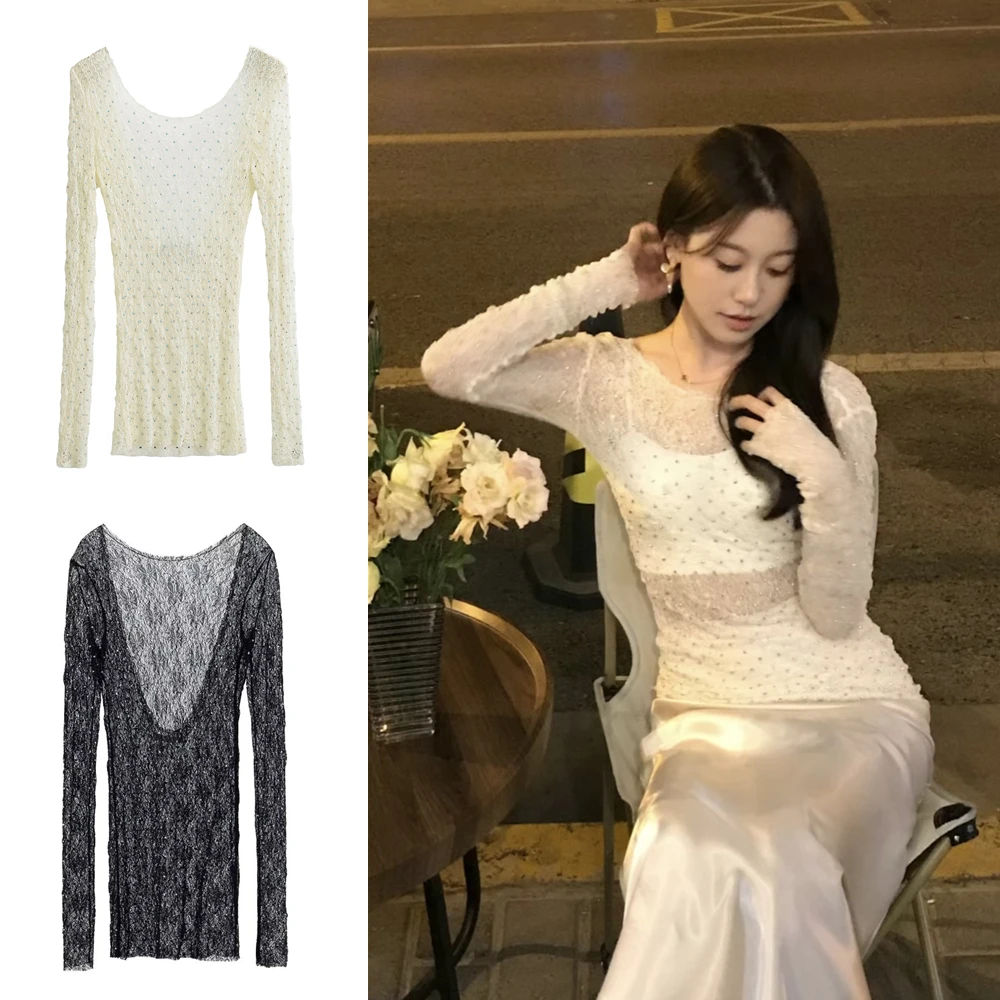 TAOP&ZA women's spring new Korean version of bright diamond hot diamond lace backless long-sleeved bottoming shirt top 1058003
TAOP&ZA women's spring new Korean version of bright diamond hot diamond lace backless long-sleeved bottoming shirt top 1058003