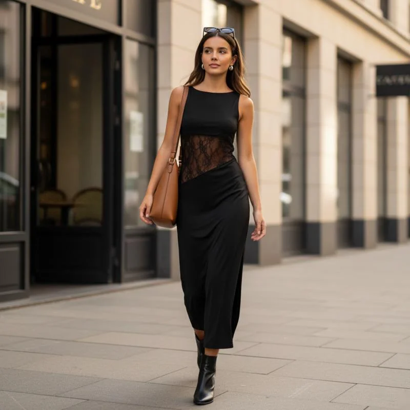 Black Lace Patchwork Midi Dress For Women Sleeveless Sheer Waist Bodycon Knit Dress Elegant Slim Fit Party Wear Summer Chic New
Black Lace Patchwork Midi Dress For Women Sleeveless Sheer Waist Bodycon Knit Dress Elegant Slim Fit Party Wear Summer Chic New