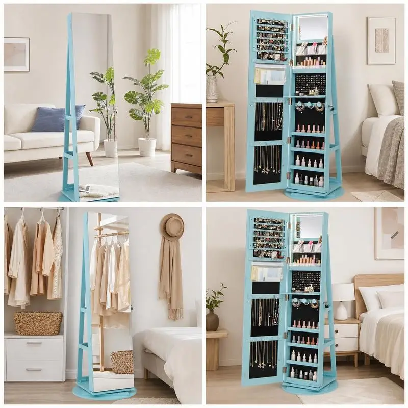 Freestanding Rotating Jewelry Armoire Cabinet, MDF Construction with Lock, 3-Color LED Lights, Full-Length Mirror, Velvet Lined Storage for Home Vanity and Shop Display, Blue
Freestanding Rotating Jewelry Armoire Cabinet, MDF Construction with Lock, 3-Color LED Lights, Full-Length Mirror, Velvet Lined Storage for Home Vanity and Shop Display, Blue