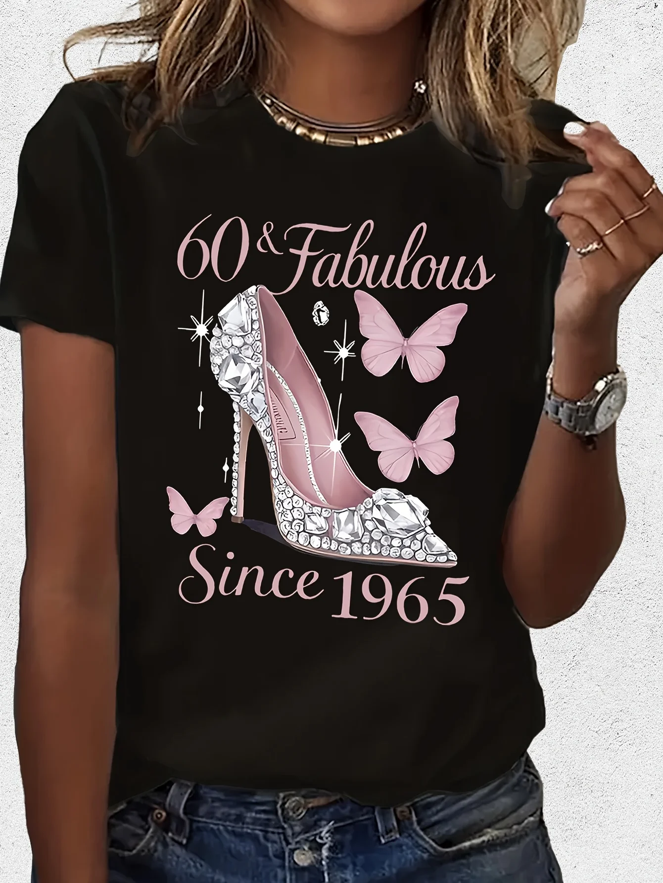 60 & Fabulous Graphic Tee Women's Casual Short Sleeve T-Shirt with Rhinestone High Heel Butterfly Design Printed Ladies TShirts
60 & Fabulous Graphic Tee Women's Casual Short Sleeve T-Shirt with Rhinestone High Heel Butterfly Design Printed Ladies TShirts