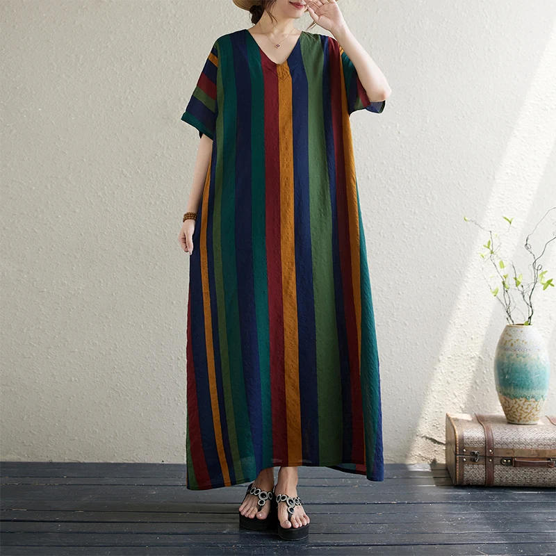 High-End Vintage Blue Stripe Slimming Original Cotton Linen Robe Dress Loose V-Neck Long A-Line Skirt for plus Size Women
High-End Vintage Blue Stripe Slimming Original Cotton Linen Robe Dress Loose V-Neck Long A-Line Skirt for plus Size Women