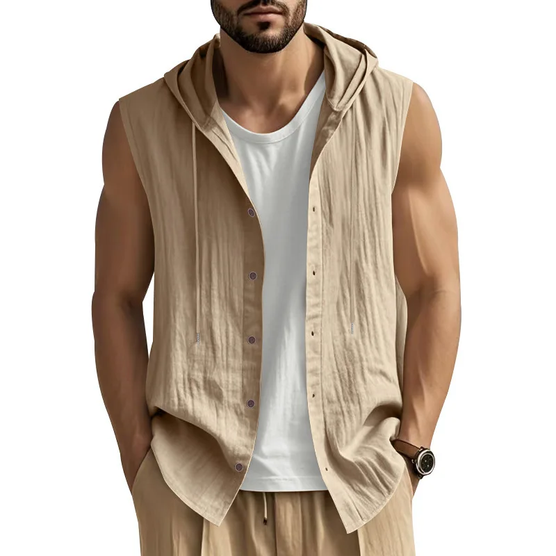 Summer Men's Hooded Sleeveless Shirts Solid Color Single Breasted Turn Down Collar Linen Breathable Casual Shirts Men Beach Vest
Summer Men's Hooded Sleeveless Shirts Solid Color Single Breasted Turn Down Collar Linen Breathable Casual Shirts Men Beach Vest