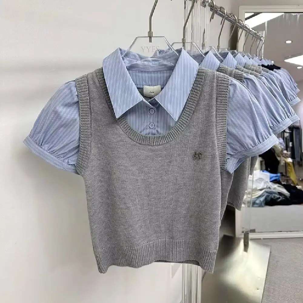 Preppy Style Striped Fake Two Piece Shirt Women High Waist Cropped Lapel Short Sleeve Blouse Casual Spliced Slim Fit Tops
Preppy Style Striped Fake Two Piece Shirt Women High Waist Cropped Lapel Short Sleeve Blouse Casual Spliced Slim Fit Tops