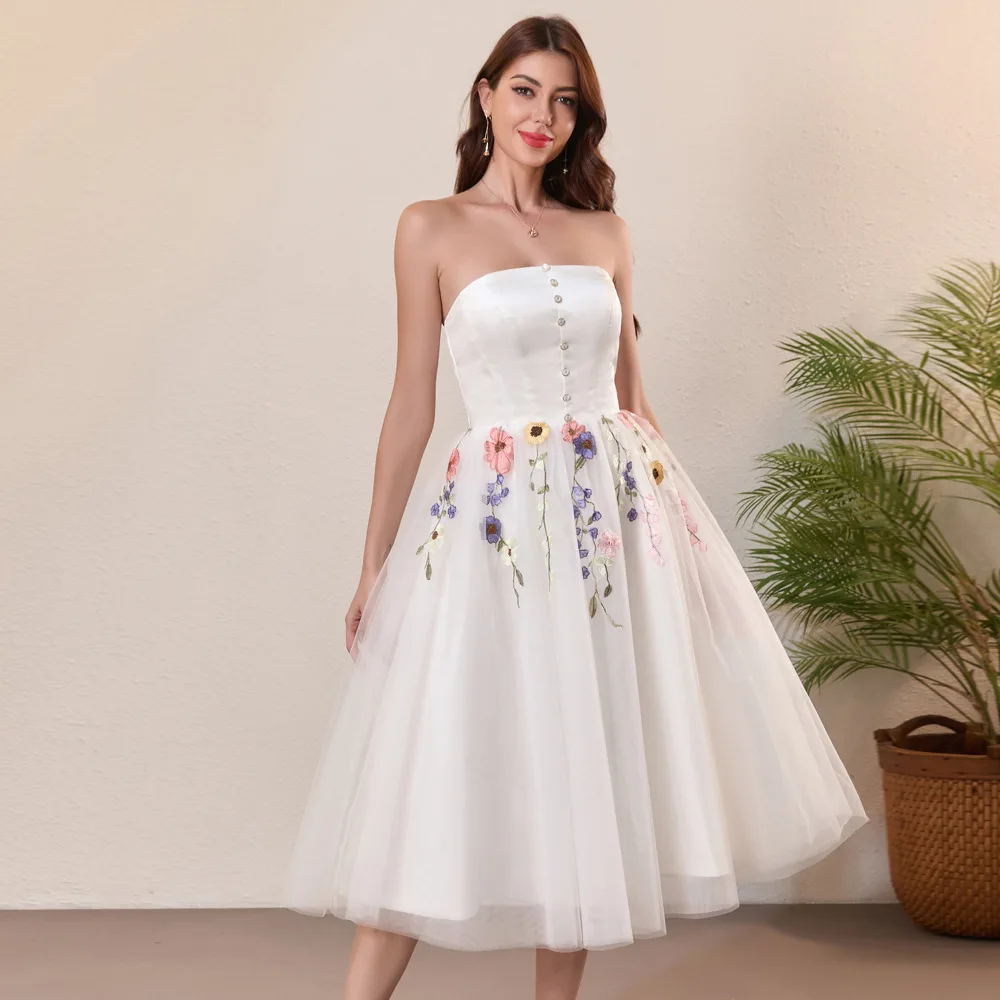 DSP Customise Elegant A Line Tea Length Prom Dresses 2025 Strapless White Party Dresses with Appliques
DSP Customise Elegant A Line Tea Length Prom Dresses 2025 Strapless White Party Dresses with Appliques