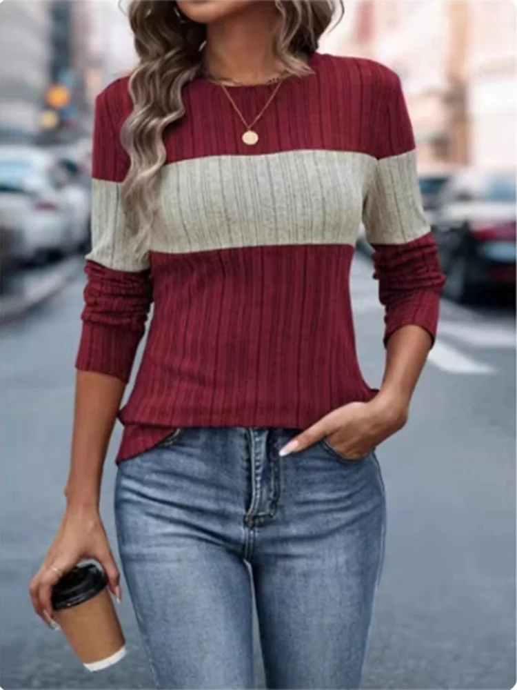 Striped Round Neck Long Sleeved Retro Color Blocked T-shirt Women's High Street Fashion Casual Comfortable Autumn Top
Striped Round Neck Long Sleeved Retro Color Blocked T-shirt Women's High Street Fashion Casual Comfortable Autumn Top