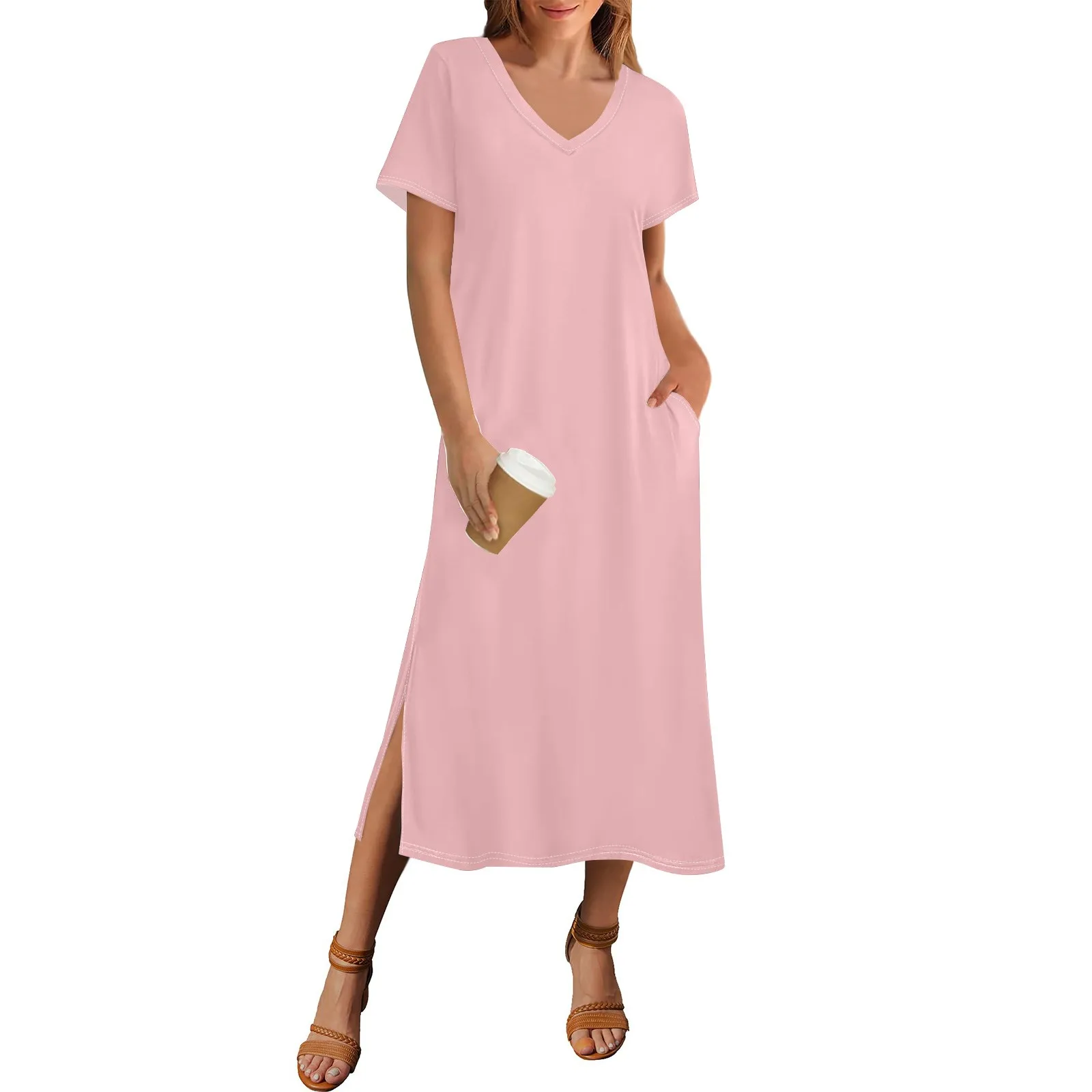 Women Summer Solid Color Dress Short Sleeve Beach Dress with Pockets Casual V-Neck Hem Side Long T-Shirt Dress Travel Vacation
Women Summer Solid Color Dress Short Sleeve Beach Dress with Pockets Casual V-Neck Hem Side Long T-Shirt Dress Travel Vacation