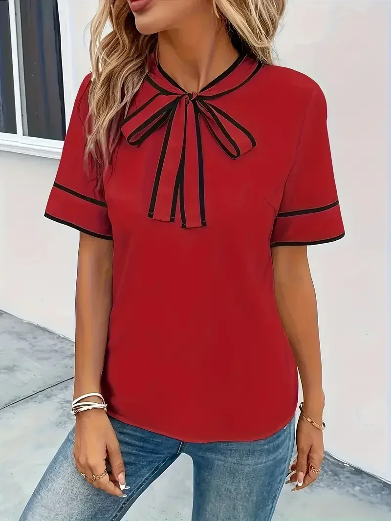 Plus Size Women's Stylish Fashion Bow Tie Stylish Shirt Top with Decorative Bow Tie Ladies Neckline Neck Short Sleeve Blouse
Plus Size Women's Stylish Fashion Bow Tie Stylish Shirt Top with Decorative Bow Tie Ladies Neckline Neck Short Sleeve Blouse
