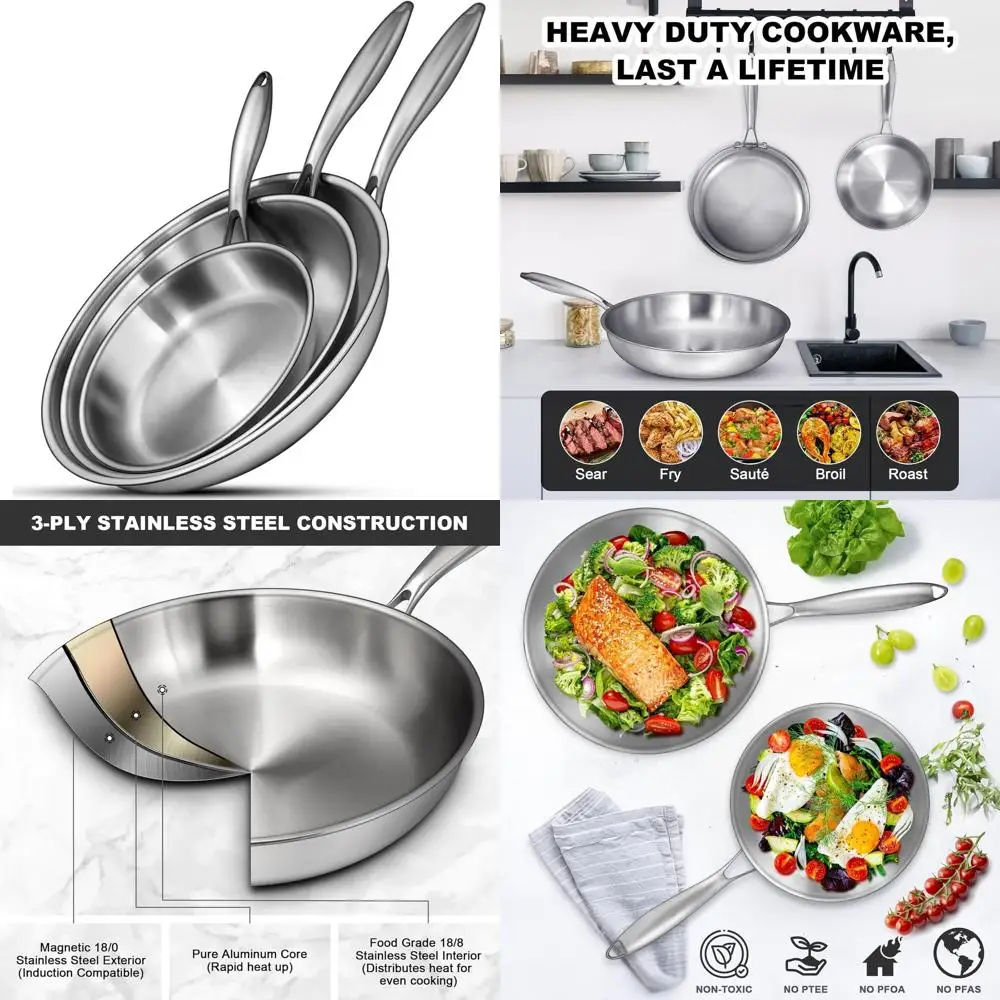 Stainless Steel Fry Pan Set, 8-12 Inch, Non-Stick, Induction Compatible, Oven and Dishwasher Safe, Even Heat Distribution
Stainless Steel Fry Pan Set, 8-12 Inch, Non-Stick, Induction Compatible, Oven and Dishwasher Safe, Even Heat Distribution