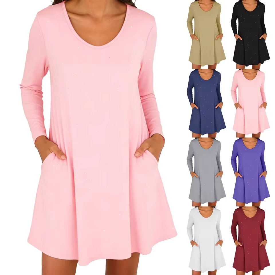Womens Solid Round Neck Long Sleeved Dress Fashionable Comfortable Beach Baggy Sundress Slimming Waist Pleated Hem Dress
Womens Solid Round Neck Long Sleeved Dress Fashionable Comfortable Beach Baggy Sundress Slimming Waist Pleated Hem Dress
