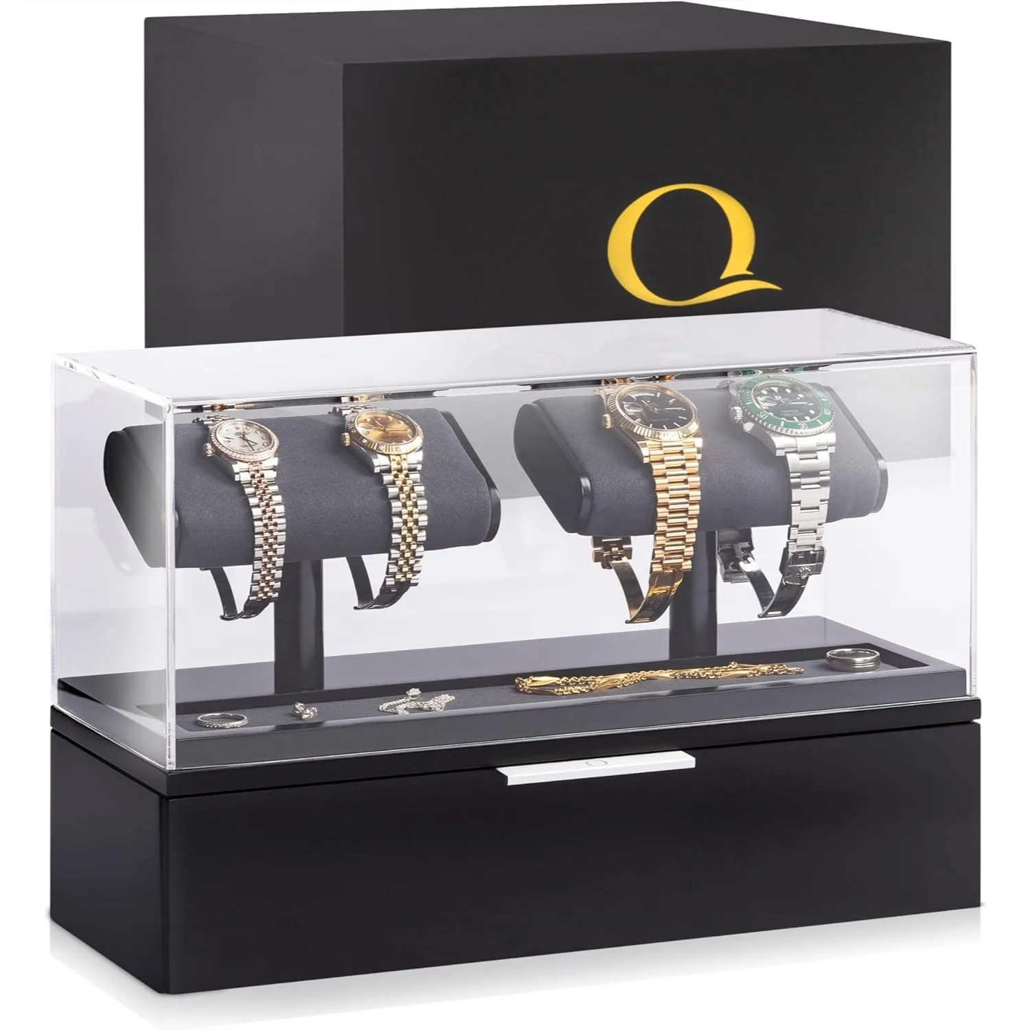 Acrylic Watch Box for 2 or 4 Watches with Jewelry Valet Tray and Drawer - Clear Display Case
Acrylic Watch Box for 2 or 4 Watches with Jewelry Valet Tray and Drawer - Clear Display Case