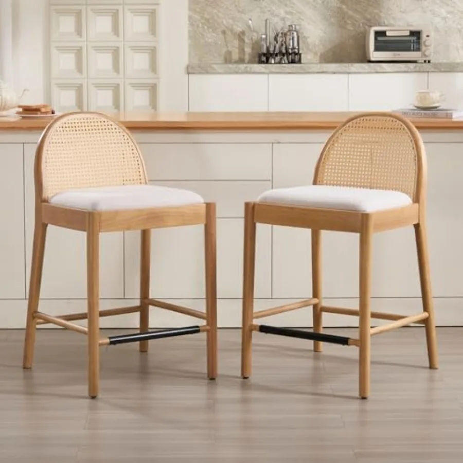 Mid-Century Bar Stools Set of 2, 26 Inch Rattan Back Linen Counter Height Barstools Comfy Upholstered Bar Chairs with Wooden Le
Mid-Century Bar Stools Set of 2, 26 Inch Rattan Back Linen Counter Height Barstools Comfy Upholstered Bar Chairs with Wooden Le