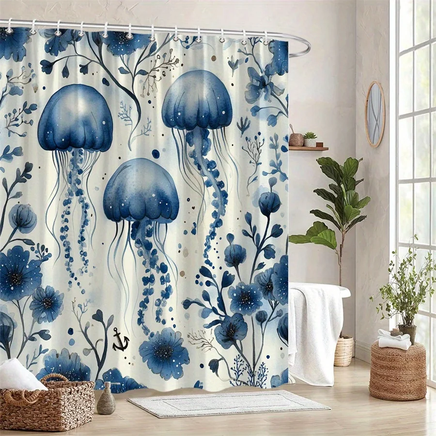 1 шт. занавеска для душа с синей медузой — цифровой акварельный полупрозрачный дизайн с колокольчиками, щупальцами и водными уборами
1 шт. занавеска для душа с синей медузой — цифровой акварельный полупрозрачный дизайн с колокольчиками, щупальцами и водными уборами