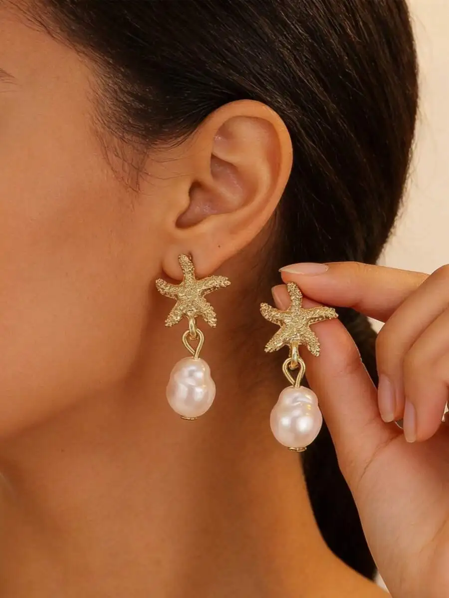 Baroque Faux Pearl Starfish Drop Earrings Bohemian Resort Style For Beach Vacation
Baroque Faux Pearl Starfish Drop Earrings Bohemian Resort Style For Beach Vacation
