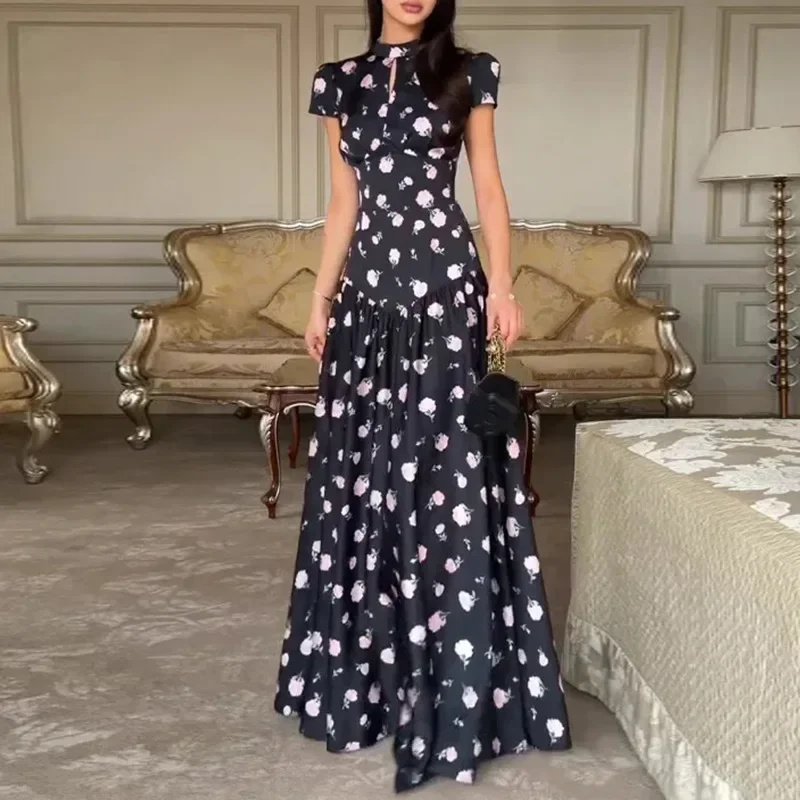 Temperament Stand Collar Floral Printed Dress Elegant Lady Short Sleeve Pleated Dress Summer New High Waist Commute Maxi Dresses
Temperament Stand Collar Floral Printed Dress Elegant Lady Short Sleeve Pleated Dress Summer New High Waist Commute Maxi Dresses