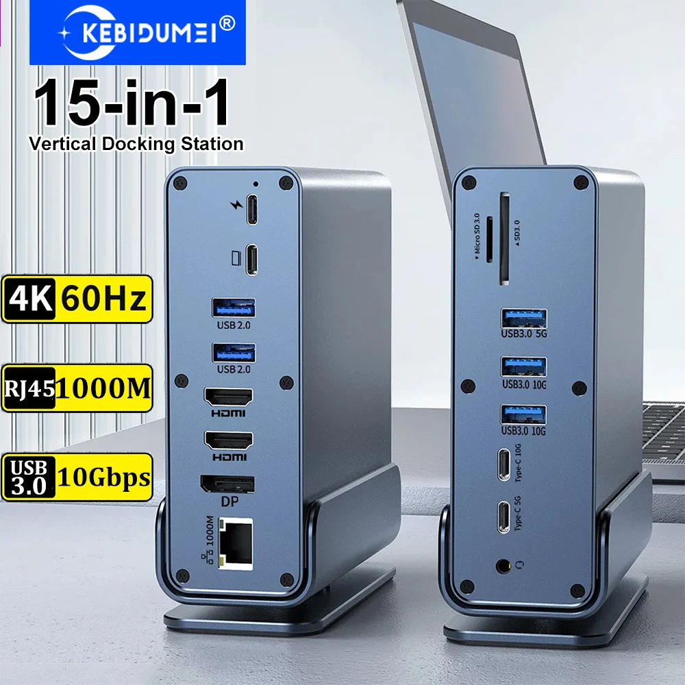 Вертикальная док-станция 15 в 1 с тройным монитором USB C HUB 4K60 Гц, RJ45 1000M, USB 3.0, PD100W, SD/TF, Audio 3,5 для Macbook
Вертикальная док-станция 15 в 1 с тройным монитором USB C HUB 4K60 Гц, RJ45 1000M, USB 3.0, PD100W, SD/TF, Audio 3,5 для Macbook