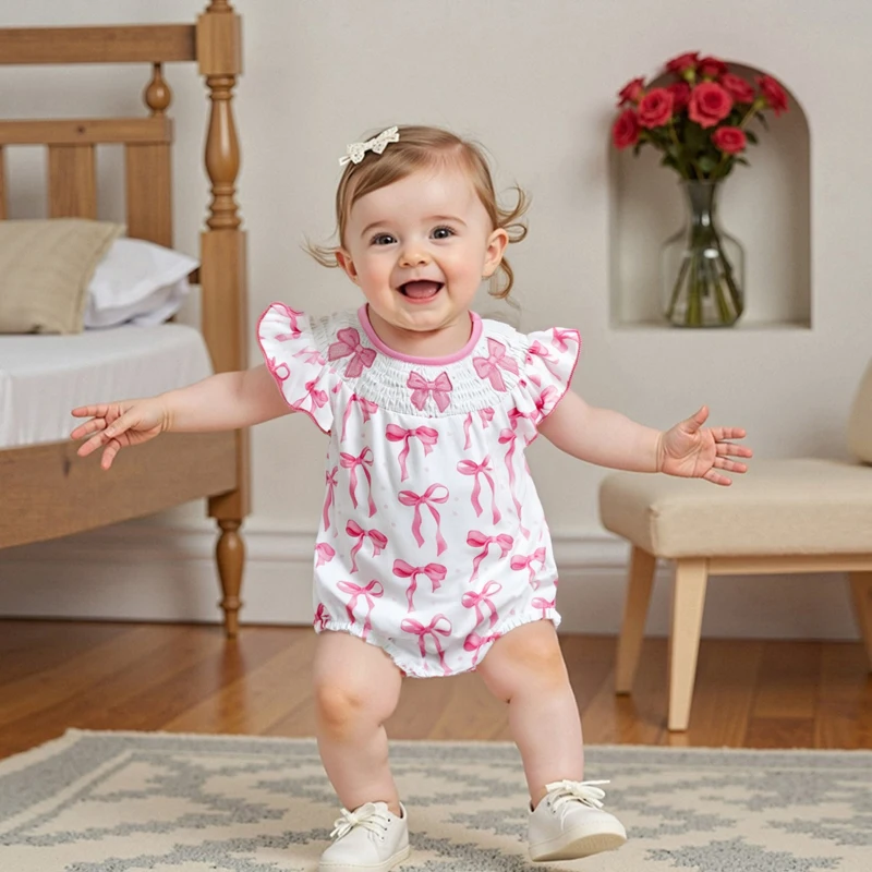 Adorable Baby Girls Romper with Flutter Sleeves Round Neckline and Patriotic Bow Print - Perfect for Independence Day 
Adorable Baby Girls Romper with Flutter Sleeves Round Neckline and Patriotic Bow Print - Perfect for Independence Day
