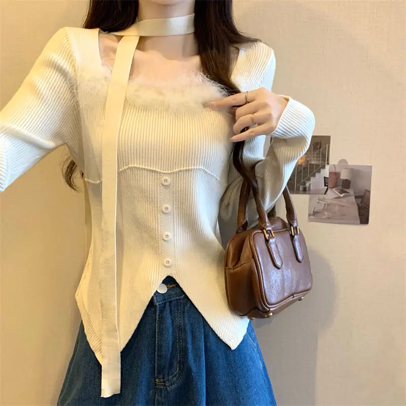 Korean Style Design Square Collar Spliced long-sleeved Wool Sweater 2025 Spring New Top for Women
Korean Style Design Square Collar Spliced long-sleeved Wool Sweater 2025 Spring New Top for Women