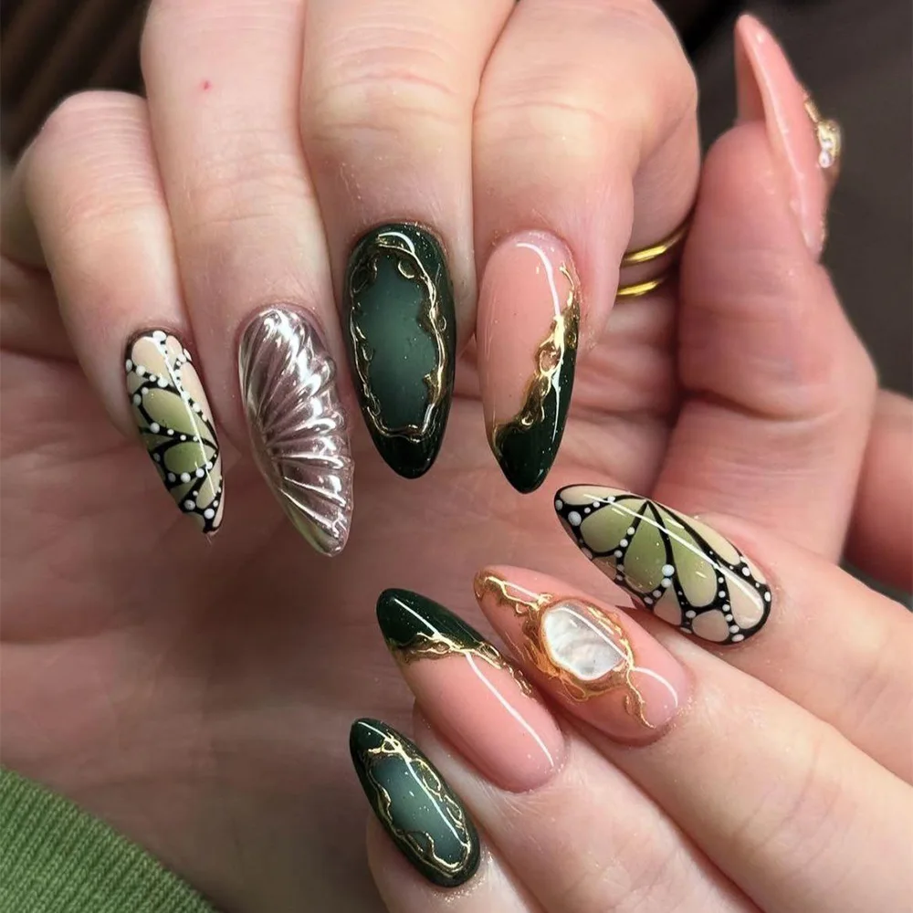 24PCS Retro Luxury Almond Press on Nails Dark Green Golden Butterfly Patterns French Fake Nails for Women Wearable Nail Manicure
24PCS Retro Luxury Almond Press on Nails Dark Green Golden Butterfly Patterns French Fake Nails for Women Wearable Nail Manicure