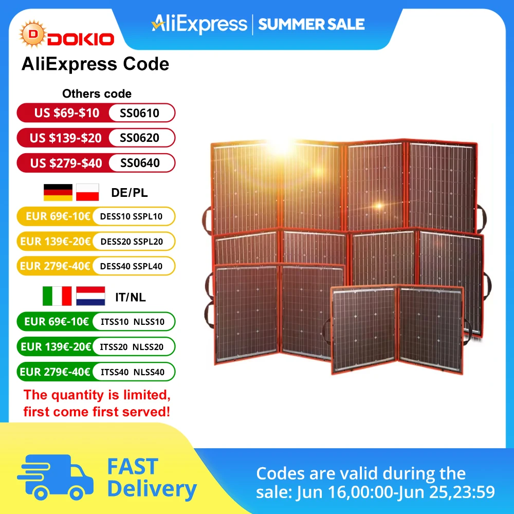 Dokio Flexible Foldable 18V Solar Panel High Efficience Travel & Phone & Boat Portable 12V 80-295w Solar Panel Kit
Dokio Flexible Foldable 18V Solar Panel High Efficience Travel & Phone & Boat Portable 12V 80-295w Solar Panel Kit