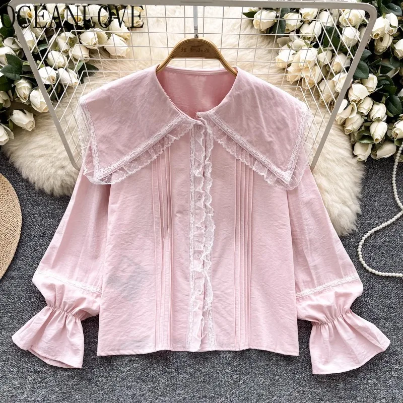OCEANLOVE Blouses Peter Pan Collar Flare Sleeve Sweet Korean Fashion Chic Women Shirts Solid Lace Patchwork Summer Bluss Mujer
OCEANLOVE Blouses Peter Pan Collar Flare Sleeve Sweet Korean Fashion Chic Women Shirts Solid Lace Patchwork Summer Bluss Mujer