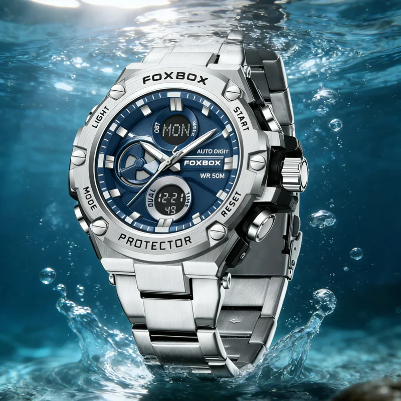 FOXBOX Men Military Watch Waterproof Wristwatch Dual Display Quartz Clock Sport Watch Male Big Watches Men Relogios Masculino
FOXBOX Men Military Watch Waterproof Wristwatch Dual Display Quartz Clock Sport Watch Male Big Watches Men Relogios Masculino